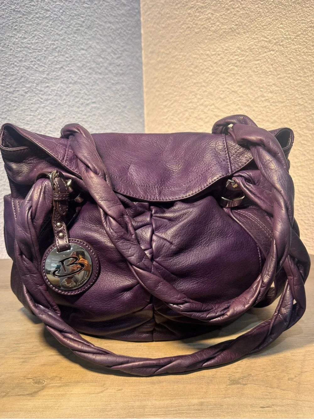 B Makowsky Purple Pebbled Leather Hobo Shoulder Bag Braided Handles Large - Picture 1 of 14